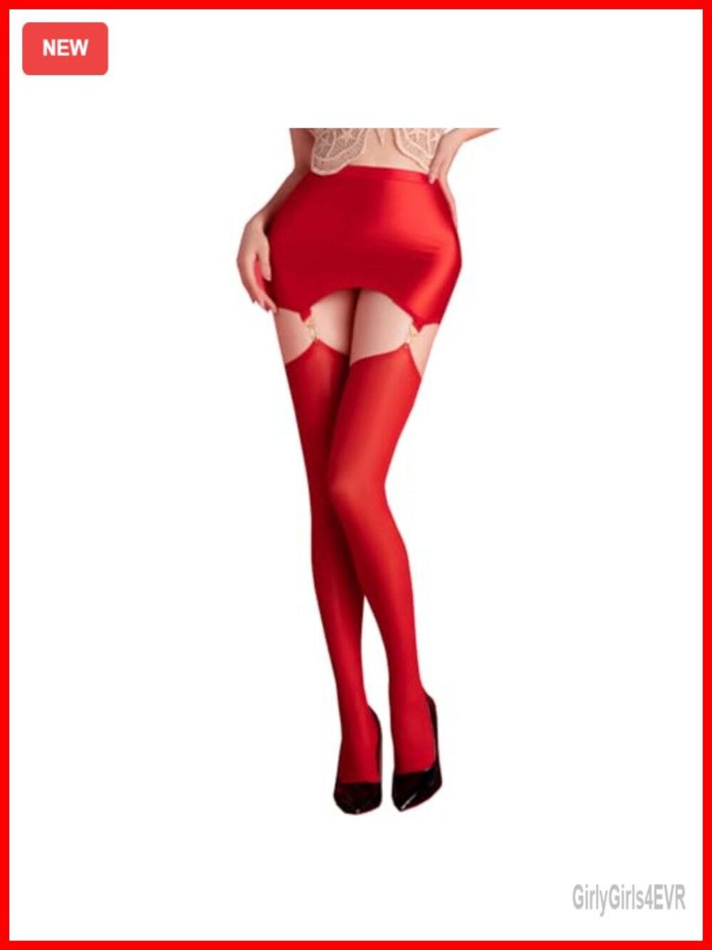 Satin Mini Skirt & Nylon Thigh High Stockings Suspender Tights